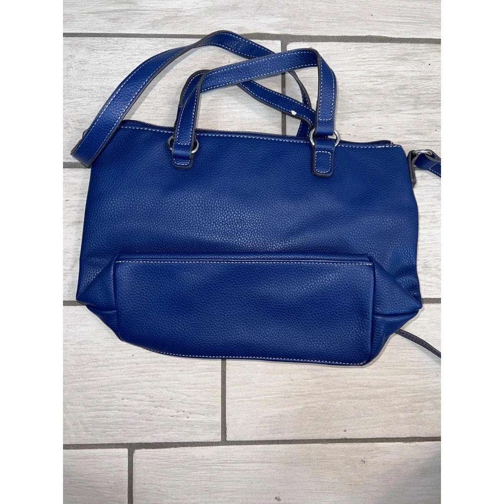 Liz Claiborne Blue Pebbled Faux Leather Satchel Crossbody Bag Contrast Stitching